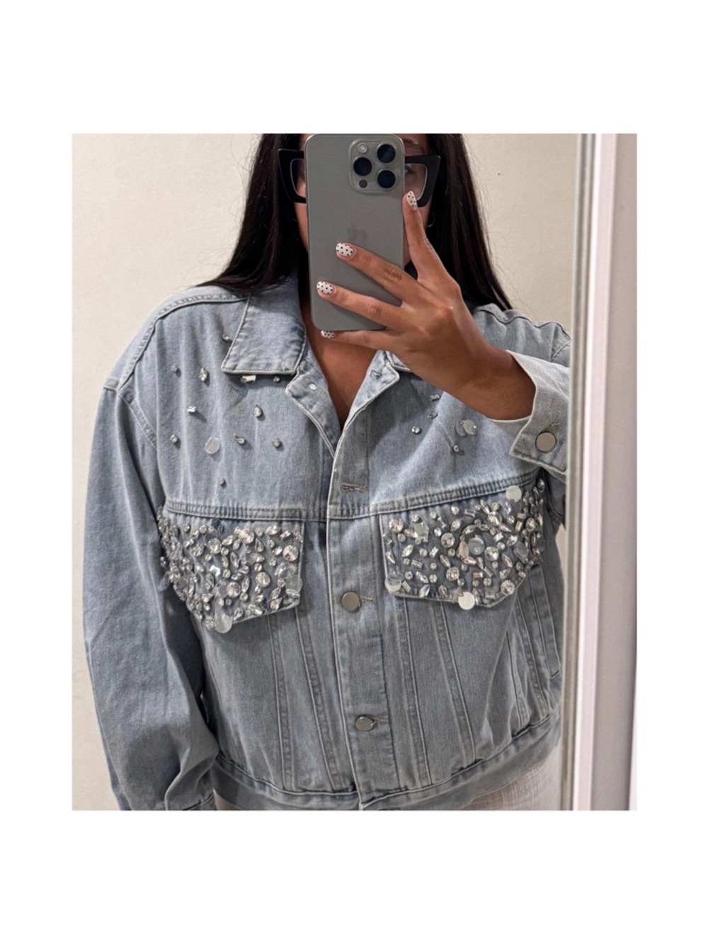 Embellished Light Wash Denim Jacket with Crystal Accents